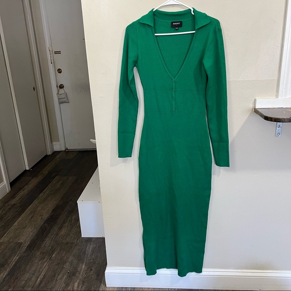 Bardot Collar Knit Long Sleeve Rib Sweater midi Dress in Bright green Size L - Picture 6 of 15